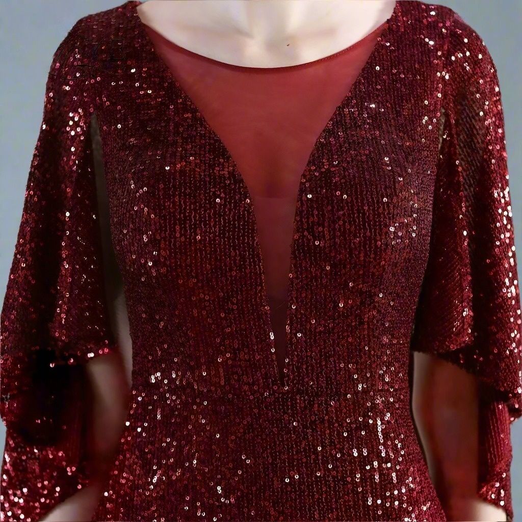 Detail of sequins on Stacey formal burgundy sequin dress