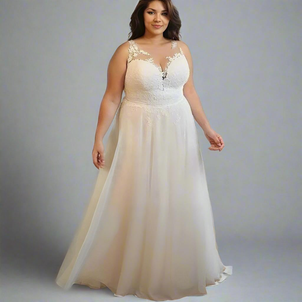 Happy bride in a boho-style plus-size Valencia wedding dress.

