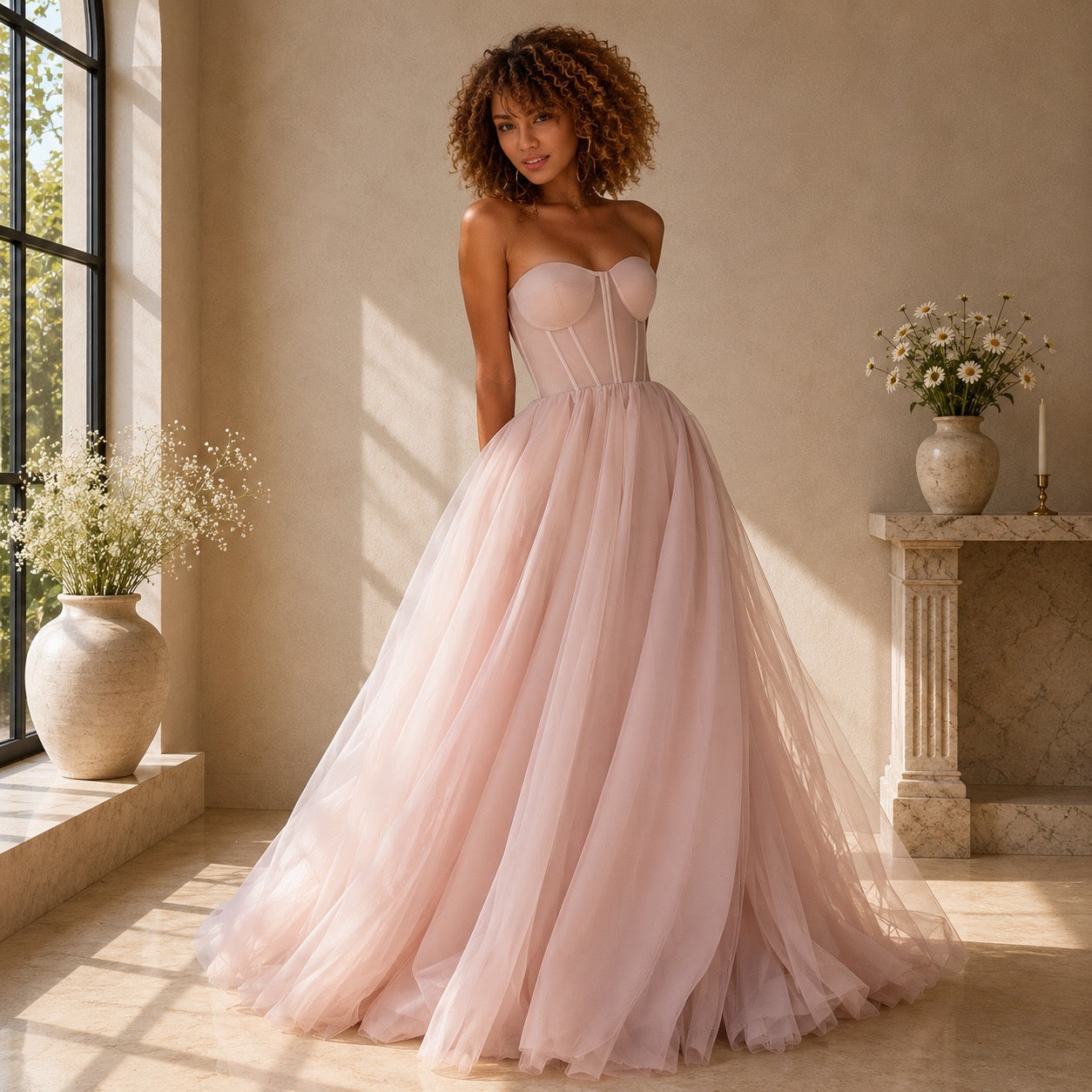 A woman stands indoors wearing a strapless blush pink ball gown with a fitted corset-style bodice and a full tulle skirt. The room has warm beige walls, a window on the left, and a stone mantel with flowers on the right.