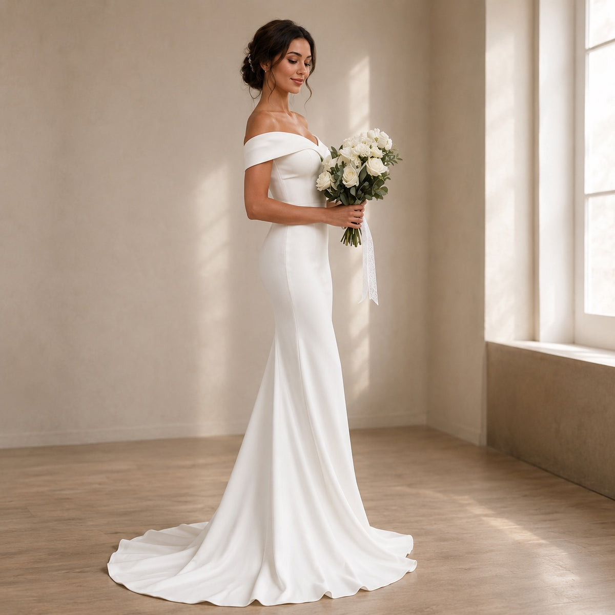 A woman wearing an off-the-shoulder white wedding gown with a fitted silhouette and long train, standing in a sunlit room and holding a bouquet of white flowers.