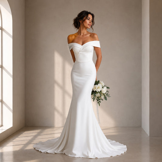 An elegant off-the-shoulder white wedding gown with a sweetheart neckline, fitted bodice, and a full satin train, worn by a model holding a bouquet of white flowers in a sunlit minimalist room.