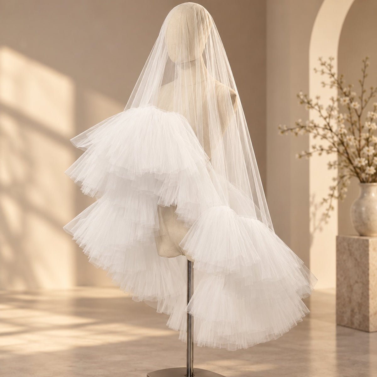 A long white bridal veil with layered tulle ruffles displayed on a mannequin head in a softly lit indoor setting with warm beige walls and shadows.