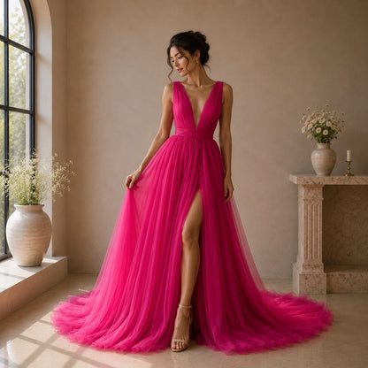 A woman stands in a sunlit room wearing a bright fuchsia pink sleeveless gown with a deep V-neck, fitted waist, high thigh slit, and a full flowing tulle skirt with a train. The room has beige walls, a window on the left, and a stone mantel with a vase of flowers on the right.