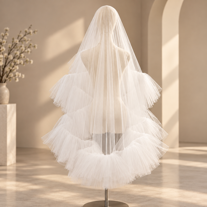 A long white tulle bridal veil displayed on a mannequin torso in a softly lit indoor studio setting with warm beige walls and shadows.