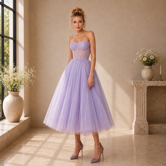 A woman models a strapless lavender tulle dress with a sweetheart bodice, sheer corset-style waist, and full A-line skirt in a sunlit indoor room with windows, vases, and a stone mantel.