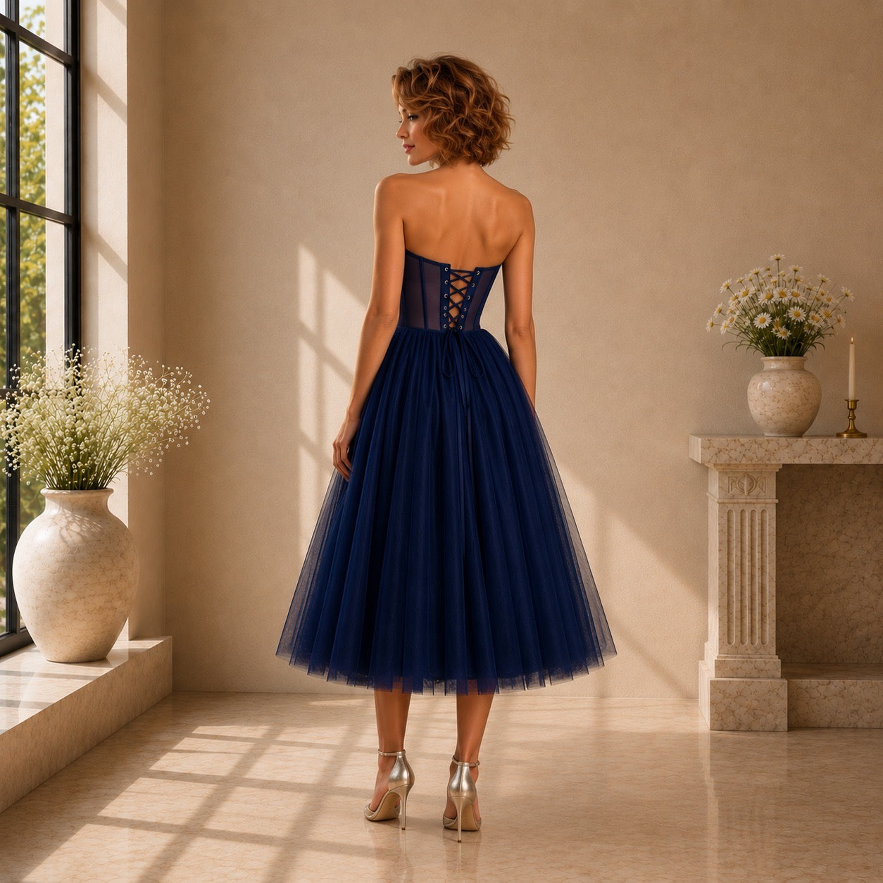 A woman stands with her back to the camera wearing a strapless navy blue tulle dress with a lace-up corset-style bodice, in a sunlit indoor room with beige walls and decorative vases.
