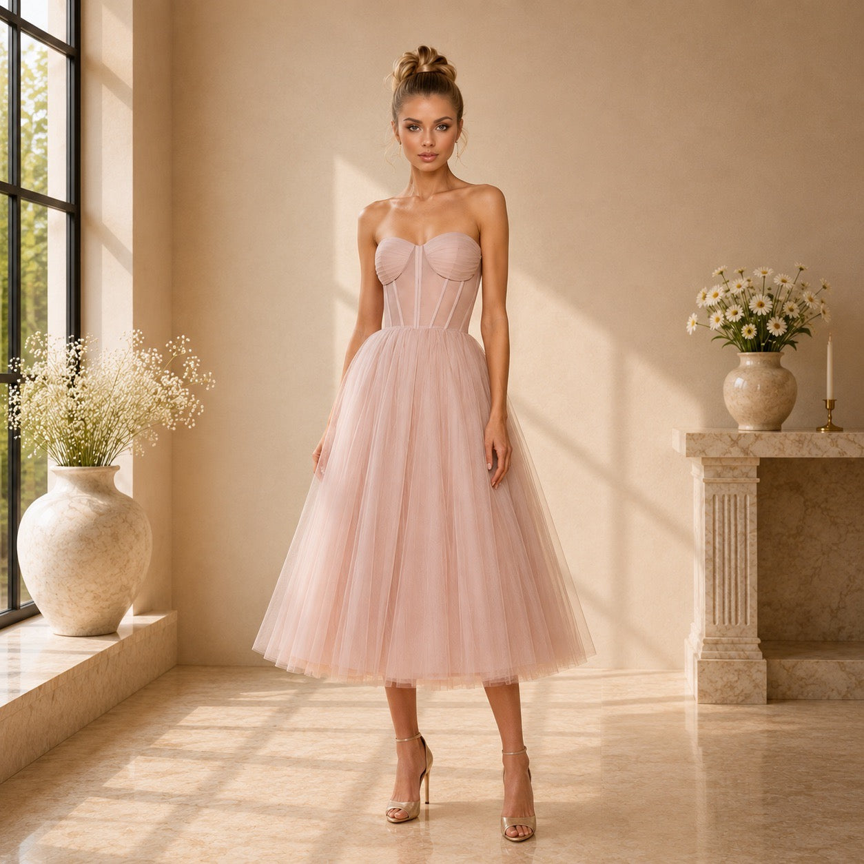 A woman stands in a sunlit interior wearing a strapless blush pink tulle dress with a fitted corset-style bodice and full skirt. The room has warm beige walls, large windows, and decorative vases on a mantel.