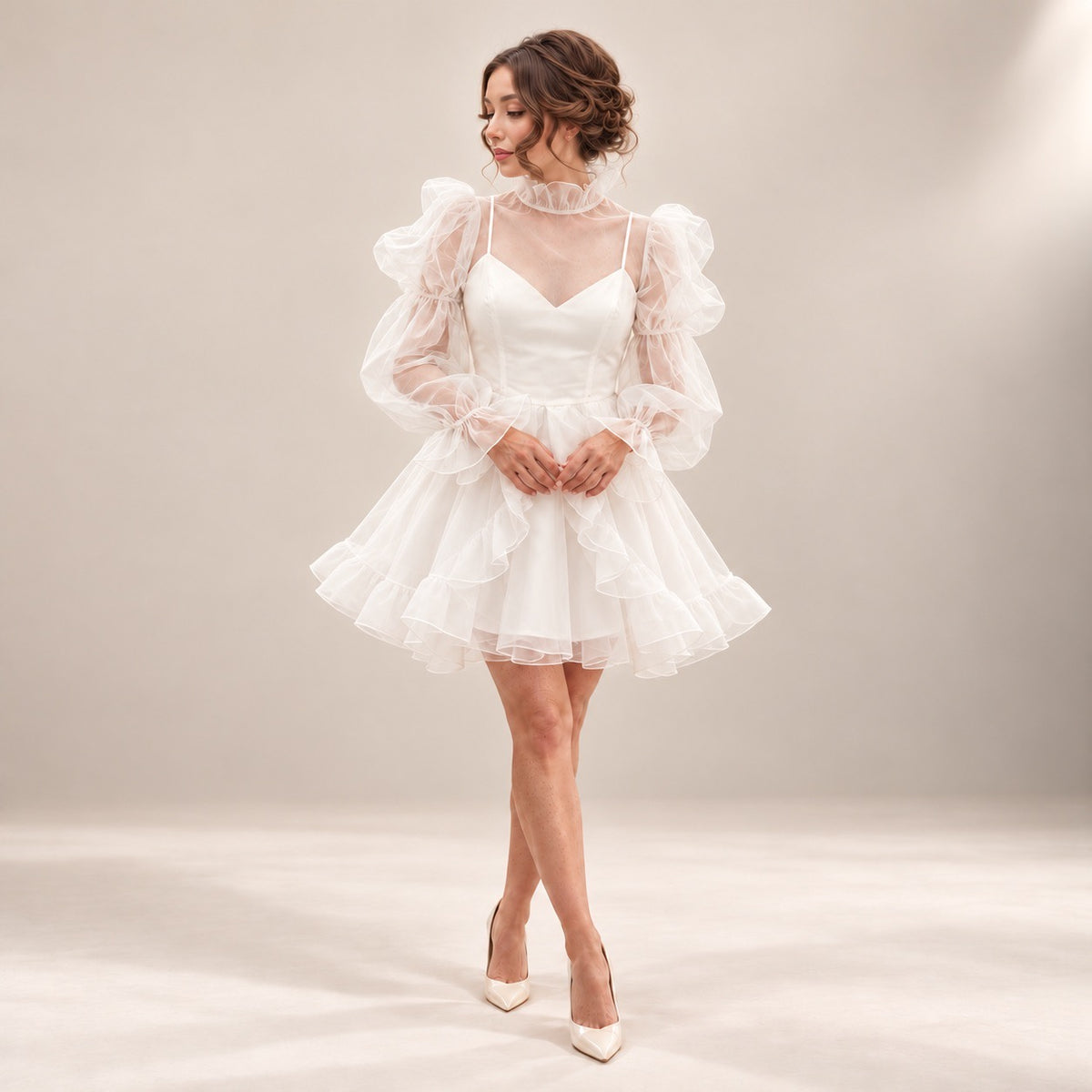 ALLANAH short white wedding dress with sheer puff sleeves, a ruffled high neck and flared mini skirt.