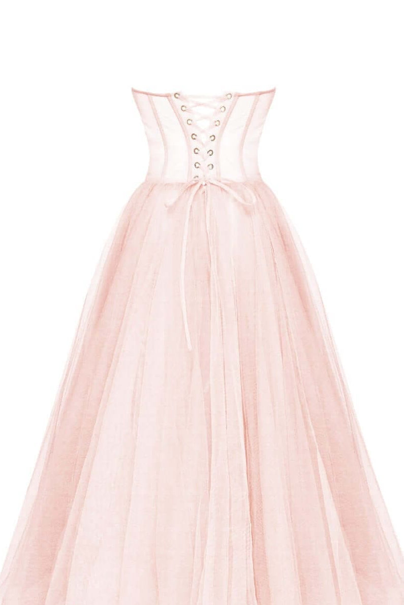 Pink evening gown with a corset-style top on a white background