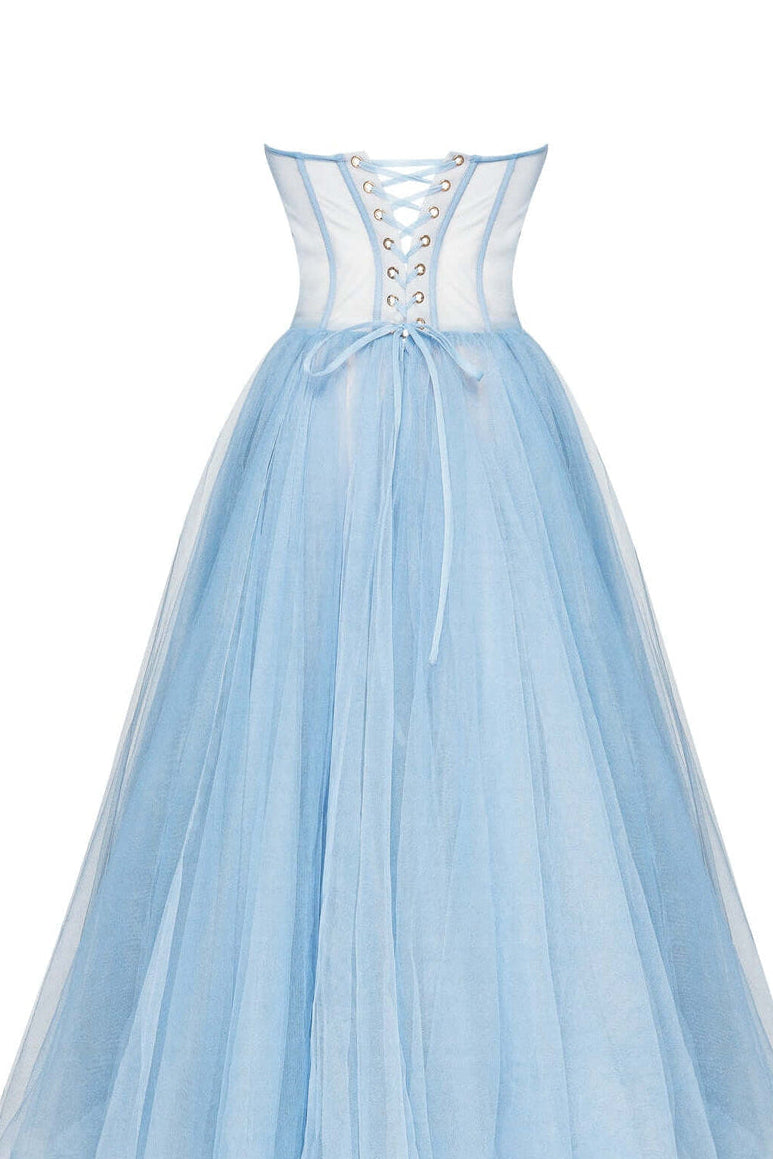 A light blue tulle dress with a structured corset-style bodice, lace-up back detail, and a full flared skirt, shown on a plain white background.