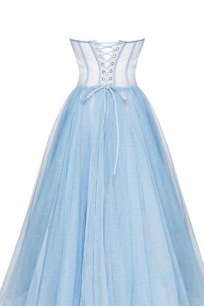 A light blue tulle dress with a structured corset-style bodice, lace-up back detail, and a full flared skirt, shown on a plain white background.