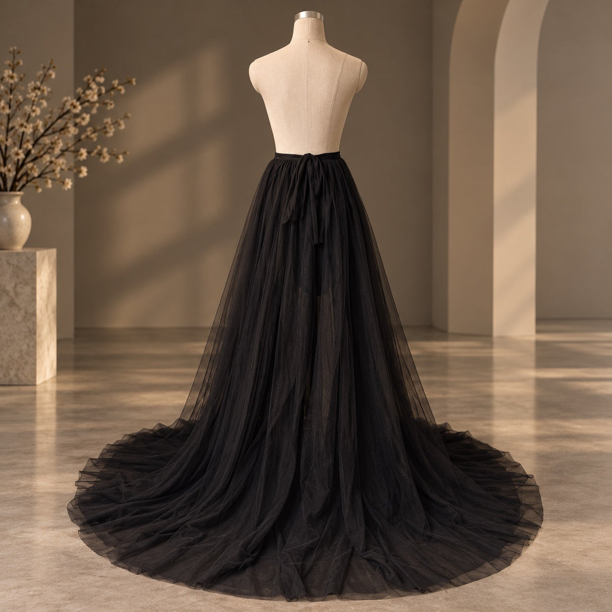 A black tulle midi skirt displayed on a cream mannequin torso in a softly lit indoor studio setting with arches and a vase of branches.