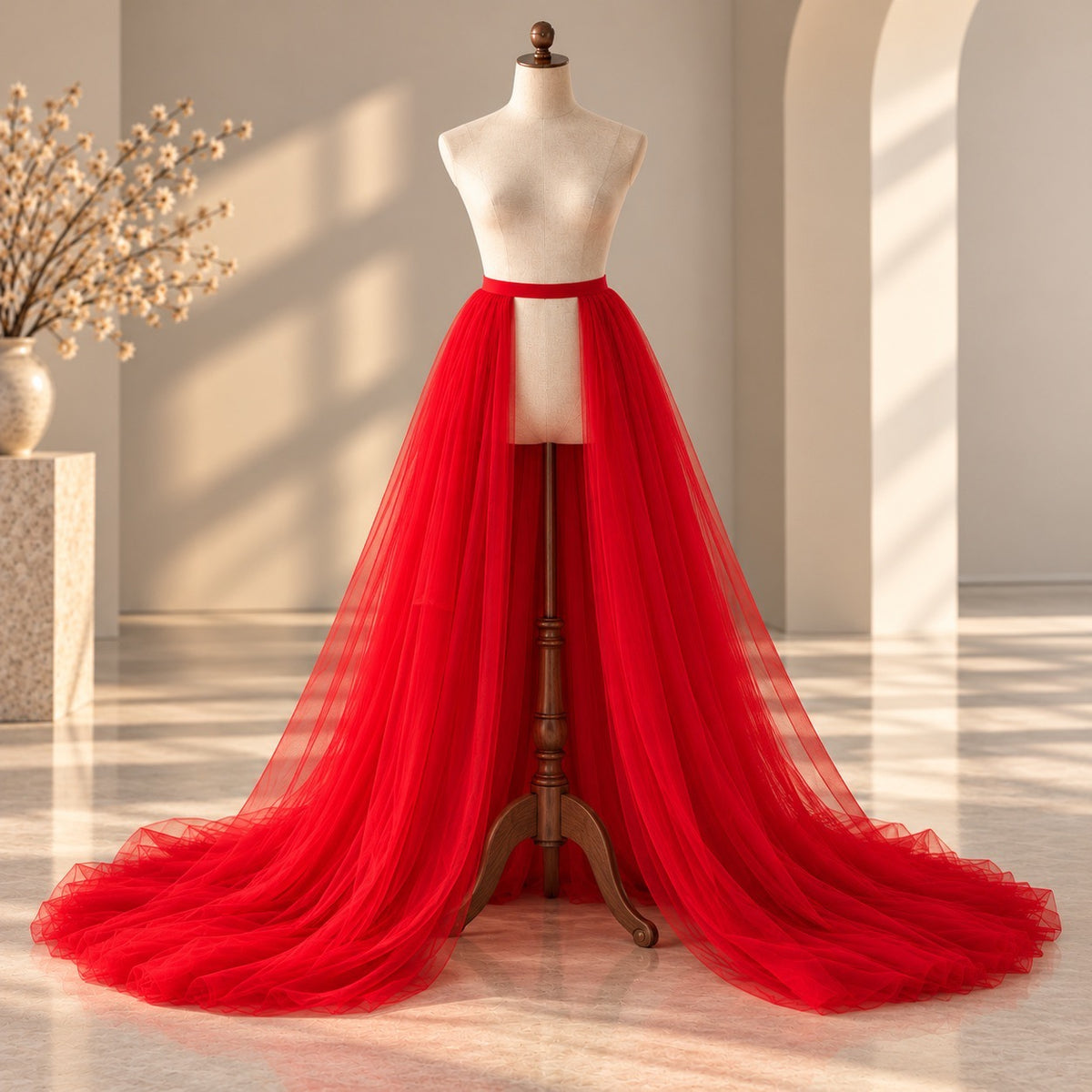 A bright red tulle gown displayed on a cream mannequin in a softly lit indoor studio with arches and floor shadows. The dress has a fitted waist with a matching red belt and a dramatic, floor-length flowing skirt.