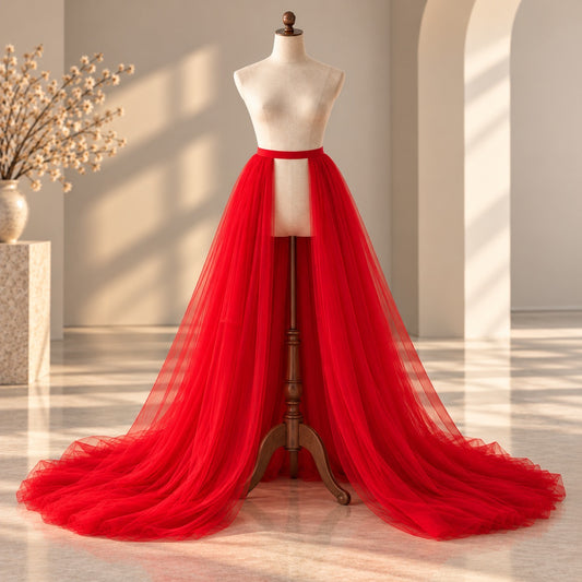 A bright red tulle gown displayed on a cream mannequin in a softly lit indoor studio with arches and floor shadows. The dress has a fitted waist with a matching red belt and a dramatic, floor-length flowing skirt.