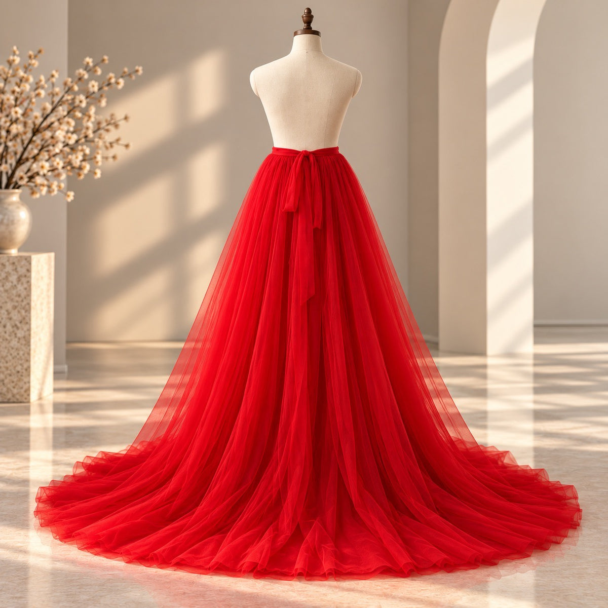 A voluminous red tulle ball gown displayed on a cream mannequin in a bright, sunlit room with arched walls and a polished floor.