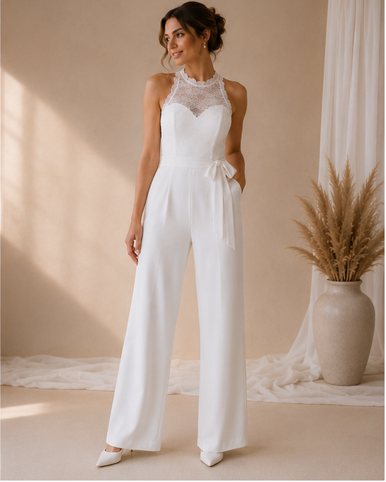 Bride wearing a white lace jumpsuit  with waist bow