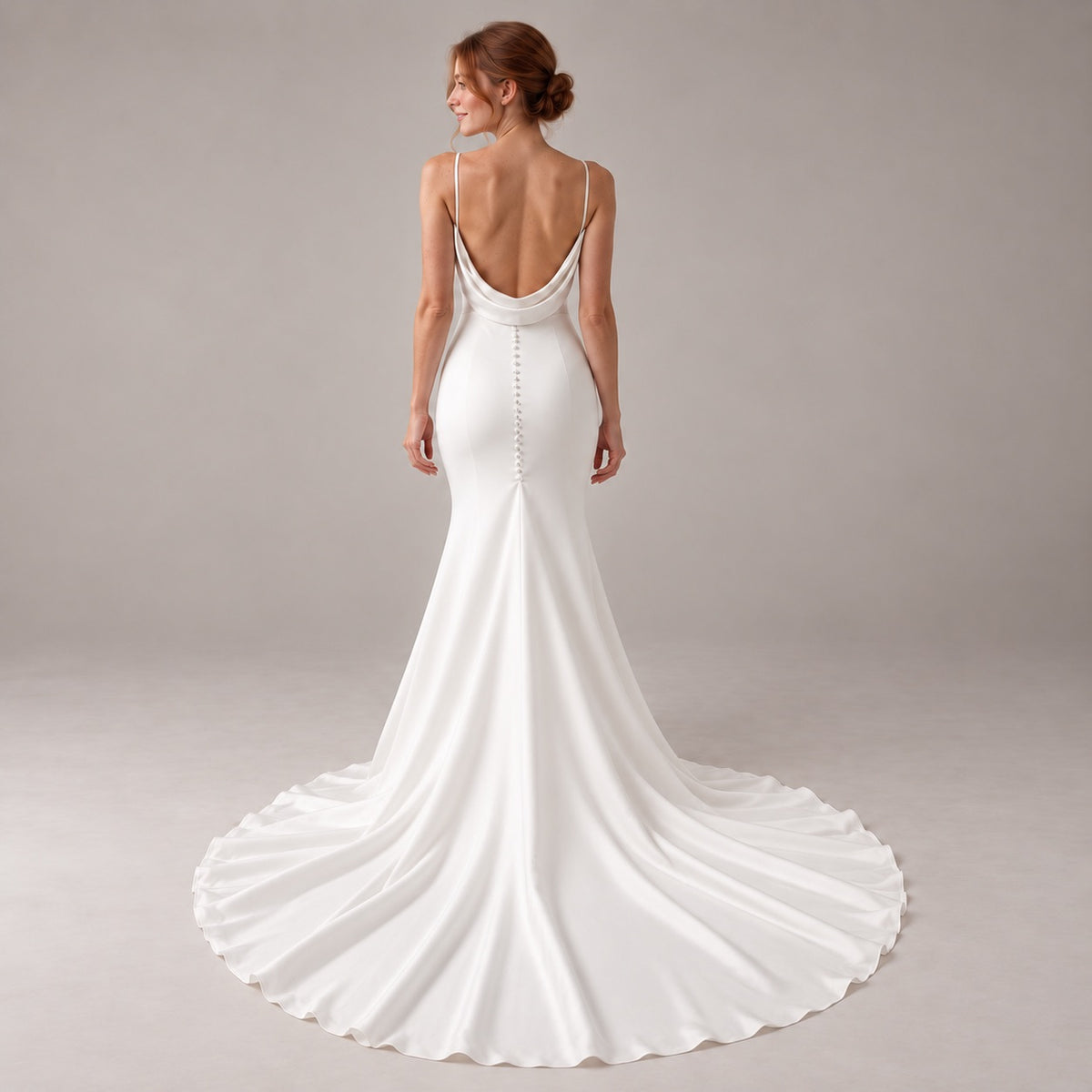 A woman modeling a white bridal gown from the back, showing a deep V-back, thin straps, and a long satin train against a neutral studio backdrop.