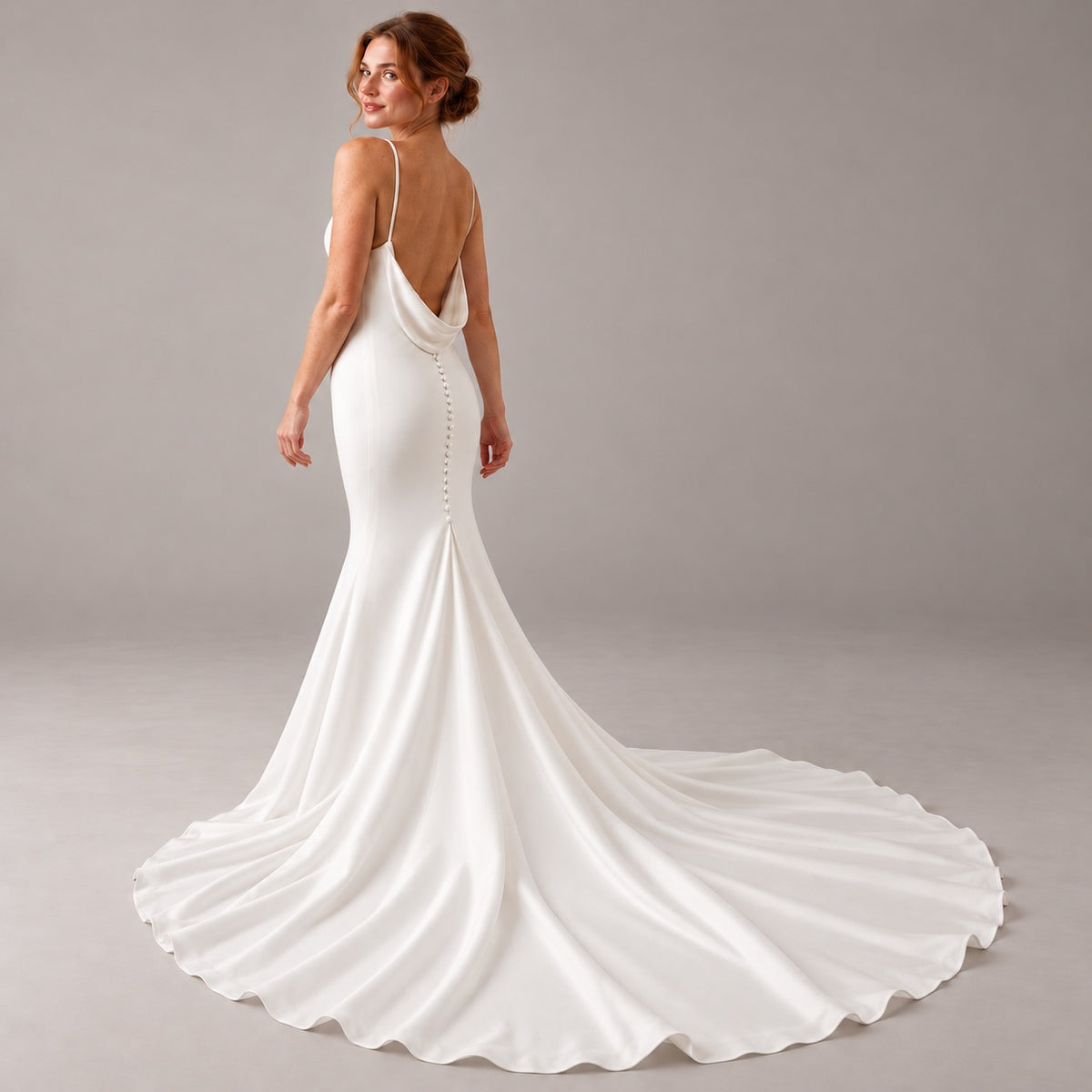 A woman modeling a white bridal gown from the back, showing a cowl neckline, open back, thin straps, and a long flowing train against a plain light gray studio background.
