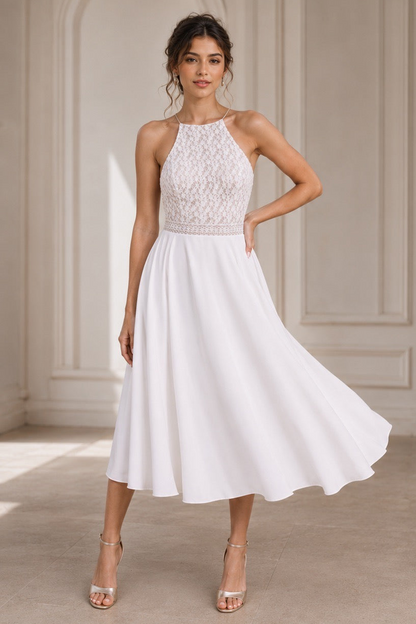 Front view of Kaia boho short wedding dress