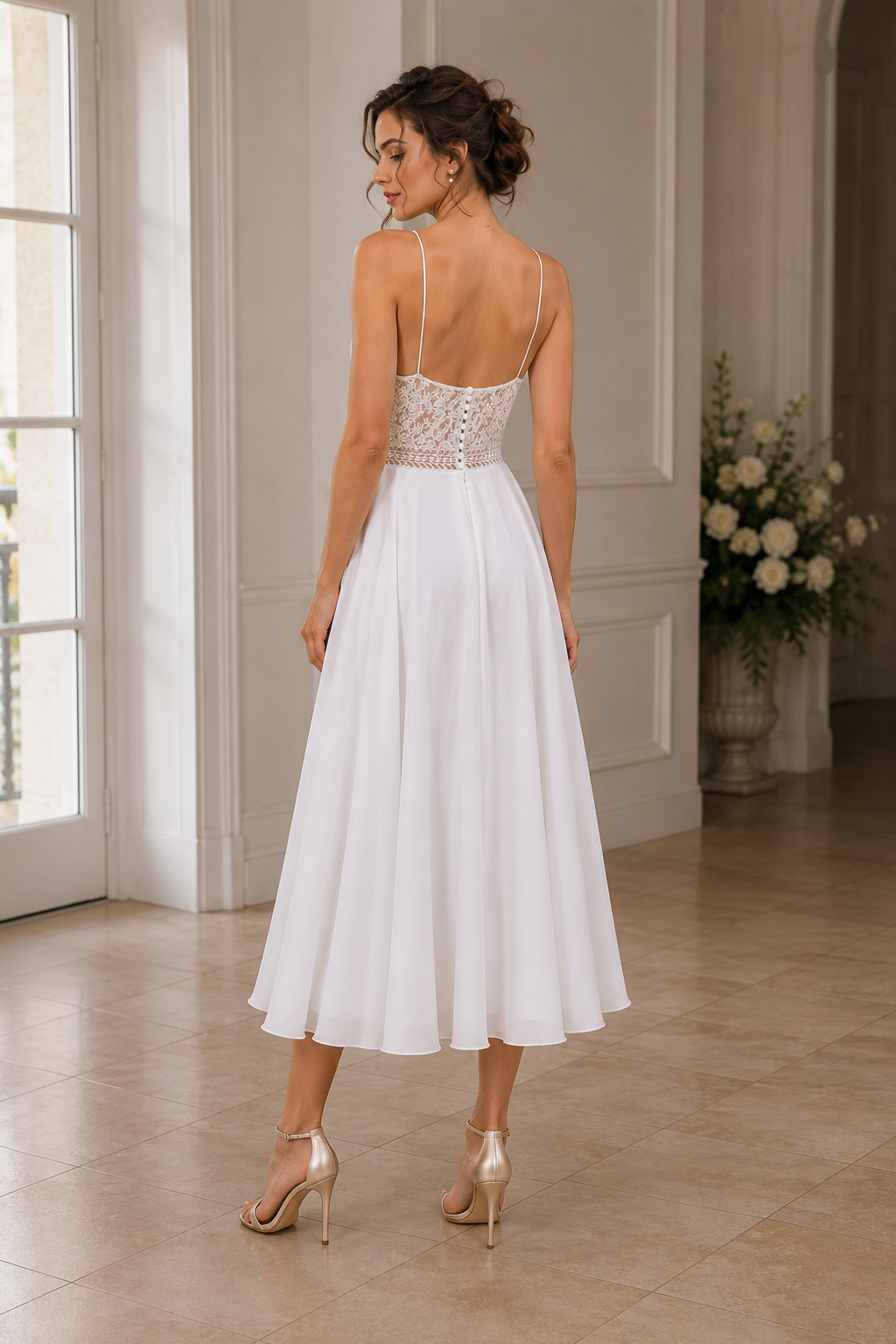 Above knee lace wedding dress for civil ceremony, with open back
