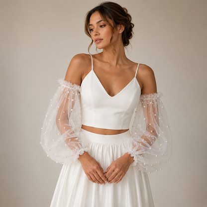 Romantic illusion tulle puff sleeves with pearls for brides