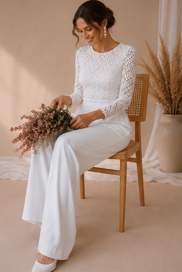 White lace jumpsuit worn by a model sitting and holding bouquet