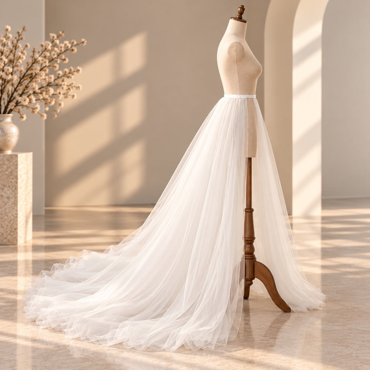 A long white tulle wedding dress displayed on a cream mannequin torso, set in a sunlit room with warm beige walls and floor shadows.