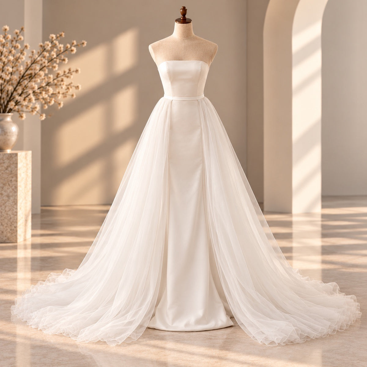 A strapless white wedding gown displayed on a mannequin in a softly lit interior with warm sunlight and shadows. The dress has a fitted bodice and a full layered tulle skirt with a long train.