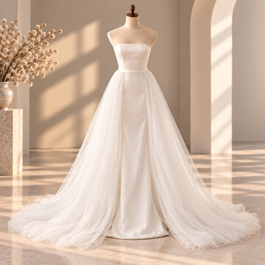 A strapless white wedding gown displayed on a mannequin in a softly lit interior with warm sunlight and shadows. The dress has a fitted bodice and a full layered tulle skirt with a long train.