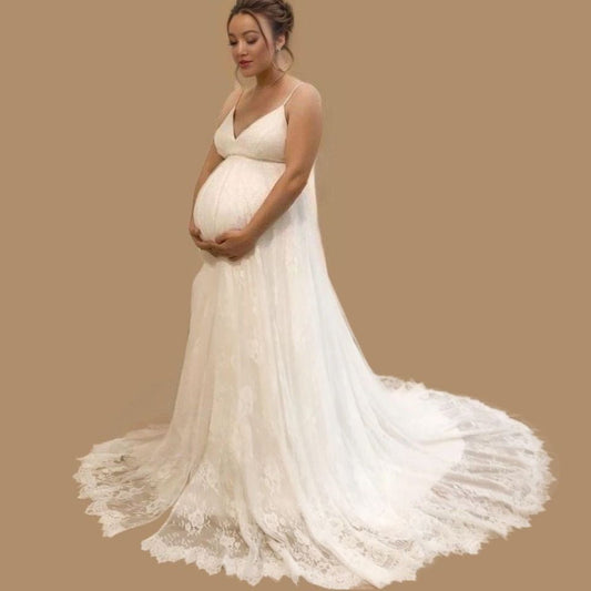 Front View of Pregnant Bride Wearing Romantic Lace Maternity Wedding Dress