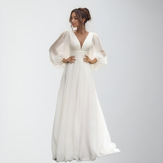 Model showcasing A Line Pleated Long Puff Sleeves of Simple Wedding Dress with V Neck