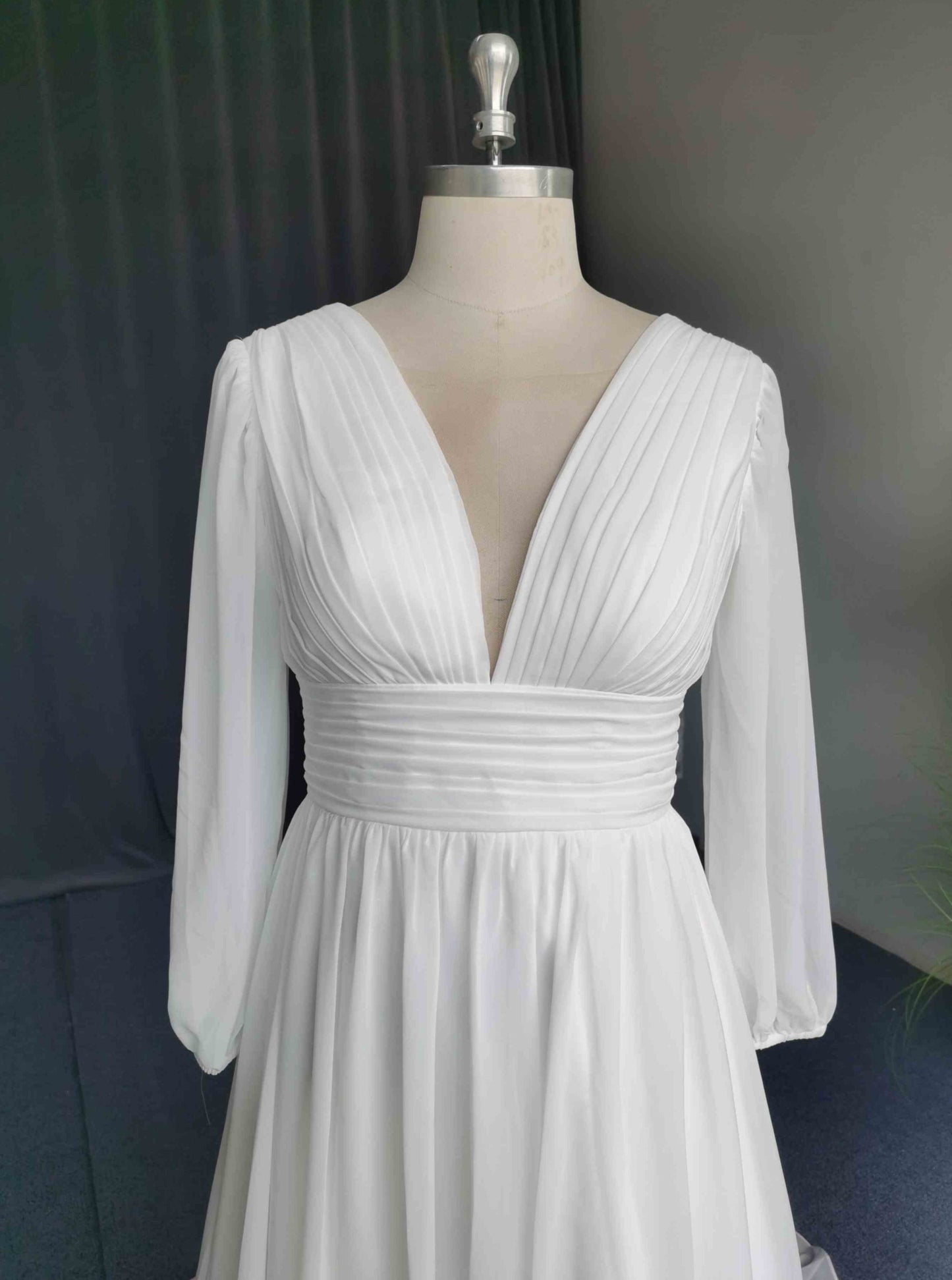 Close-up of Simple Wedding Dress detailing with Ruched Bodice