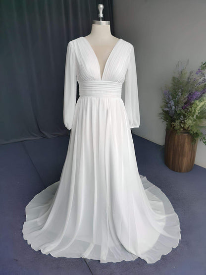 Simple Wedding Dress Bridal A Line Modest Beach Long Puff Sleeves Ruched Wedding Dresses Summer