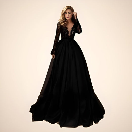 Bride wearing MIKAELA Black Wedding Dress with  lace top and Deep V-neckline
