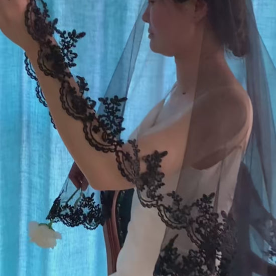Black Lace Wedding Bridal Veil Two layer