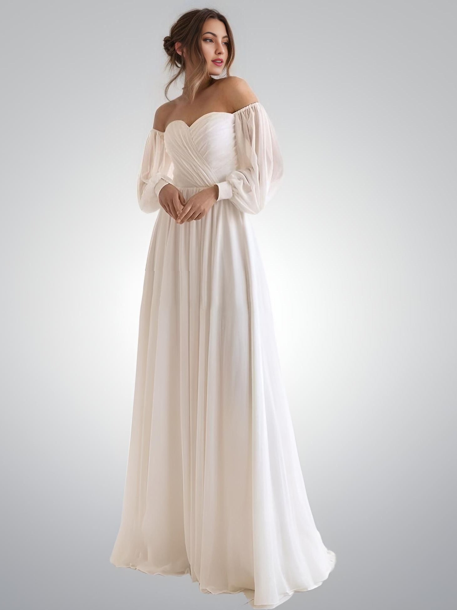 RAINA Wedding Dress | Pleated Chiffon with Puff Sleeves Lula Bridal RAINA Wedding Dress | Pleated Chiffon with Puff Sleeves Lula Bridal