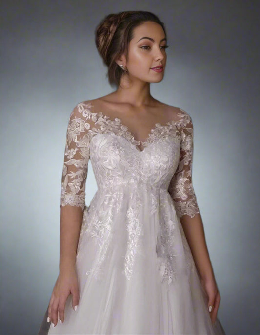 Close-up  details of delicate lace detailing on Rosalind Maternity Gown with Half sleeves
