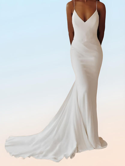 Front of deep V simple white wedding dress.