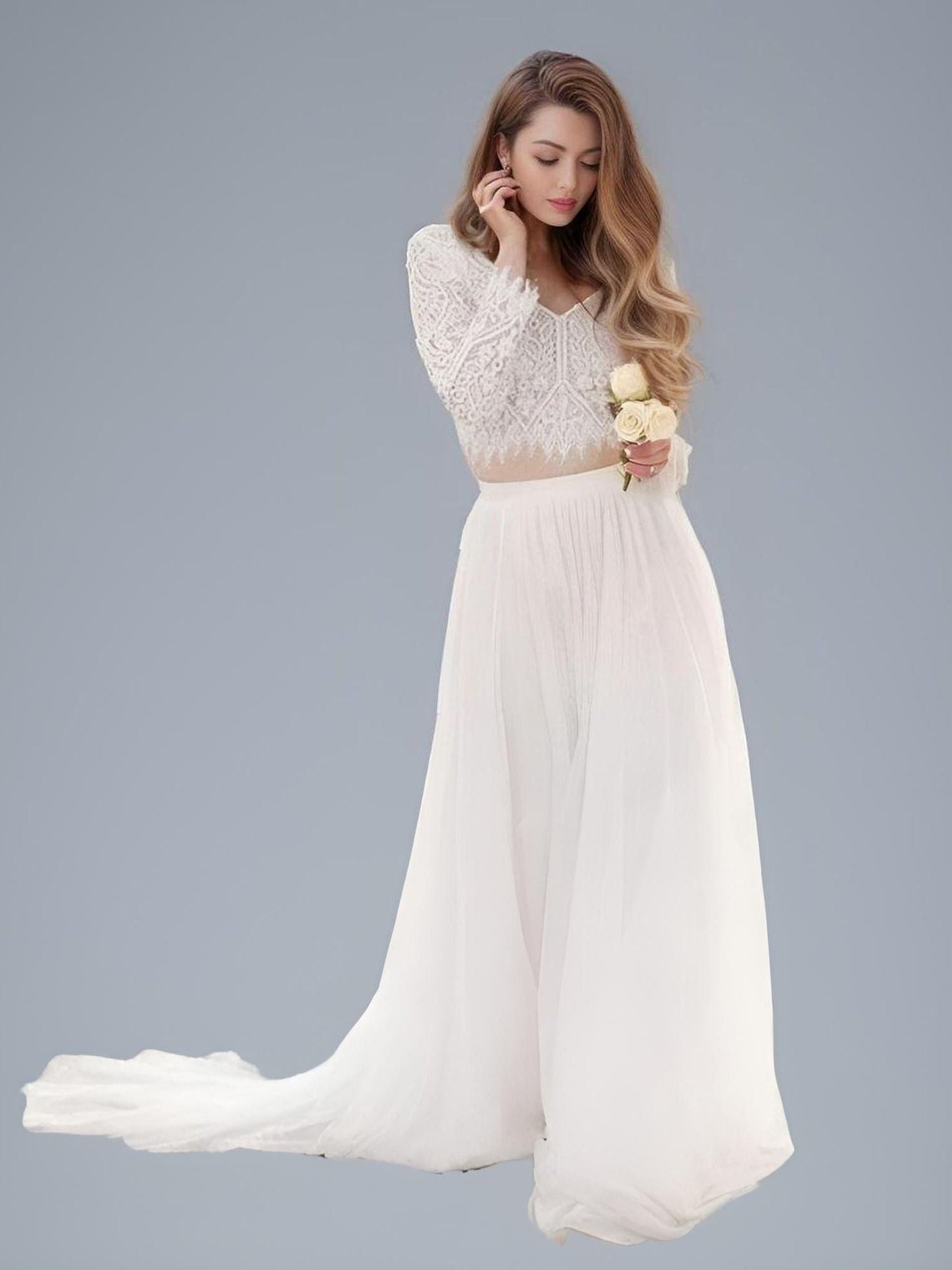 Bohemian Bride in Boho V Neck Full Cap Sleeve Lace Top Pleat Chiffon A-Line Wedding Dress Beach Bridal Gown