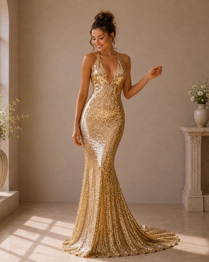 A woman stands in a sunlit room wearing a floor-length gold sequin gown with a deep V-neckline and a slight train. The setting includes a window, large white flower vases, and a stone mantel.