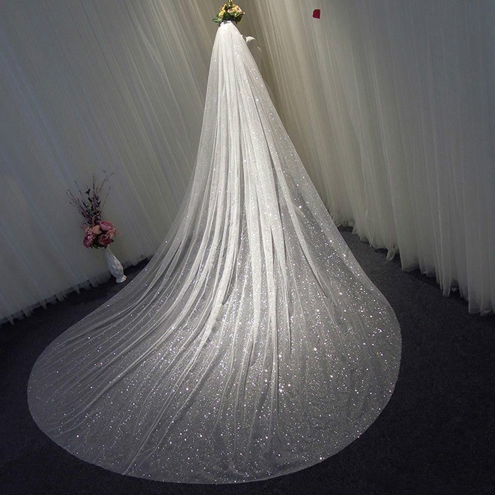 Sparkling Veil With Glitter Embroidered With Leaves Along the