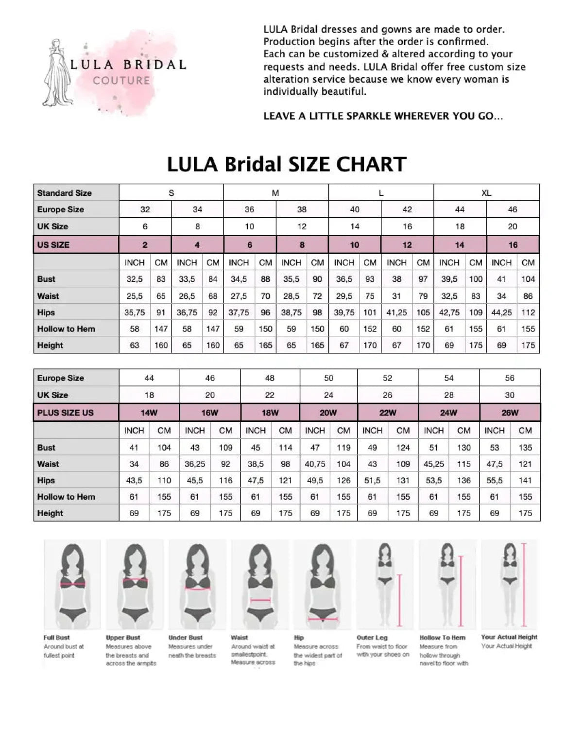 Wedding Dress Size Chart