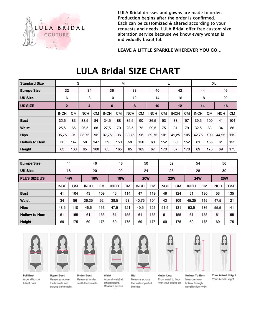 NOVA Wedding Dress Size Chart