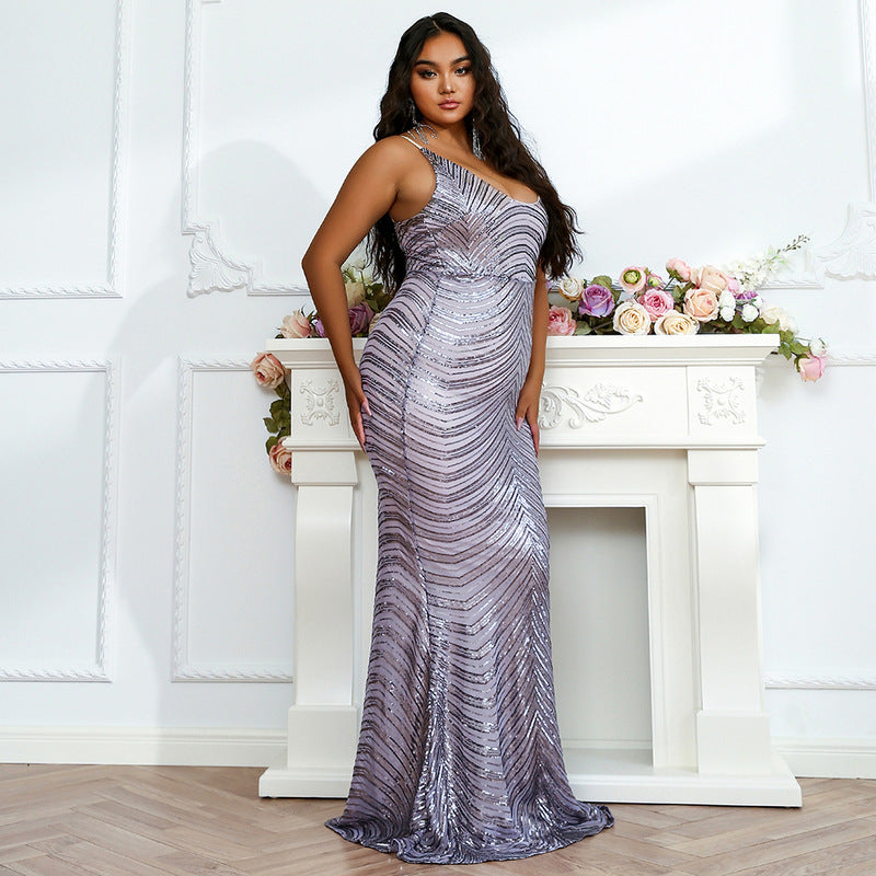 Woman in Stunning purple shining Plus Size Sequined Gown for Evening Events